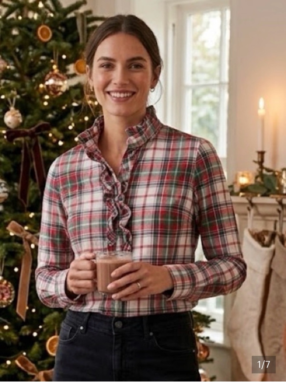 Vineyard Vines Red and Cream Tartan Plaid Ruffle-Front Button-Up LN